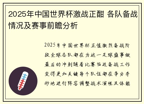 2025年中国世界杯激战正酣 各队备战情况及赛事前瞻分析