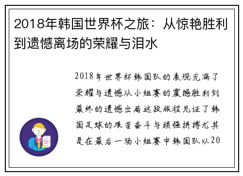 2018年韩国世界杯之旅:从惊艳胜利到遗憾离场的荣耀与泪水