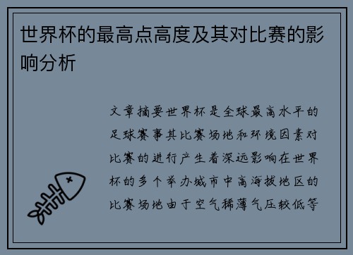 世界杯的最高点高度及其对比赛的影响分析