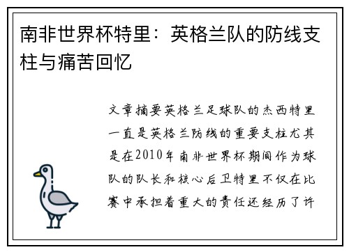 南非世界杯特里:英格兰队的防线支柱与痛苦回忆